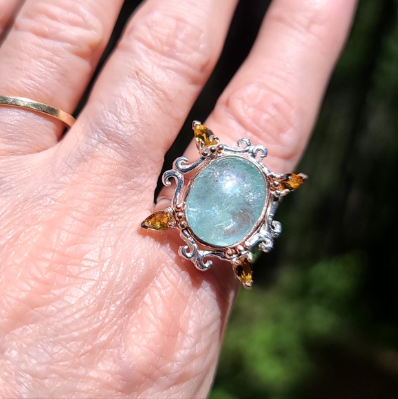Oval 11k Aquamarine & Tourmaline portrait style Sterling ring sz9 - Picture 4 of 4